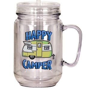 Happy Camper Mason Jar Acrylic Mug 16-oz Double Wall Insulated Lid Straw Gift